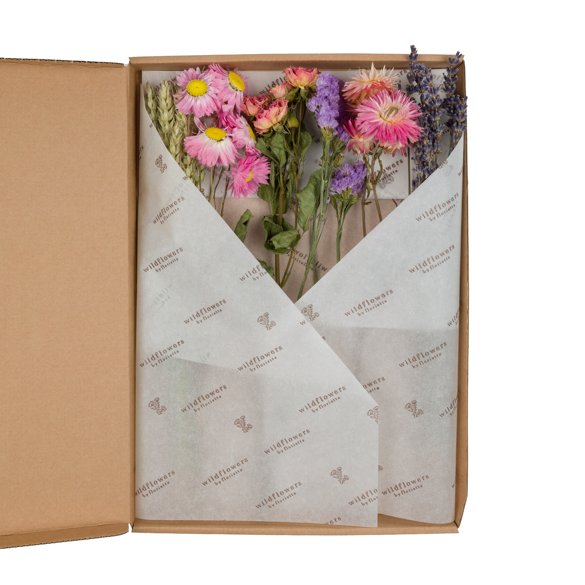 A box of Floriëtte bouquets in brown paper wrapping