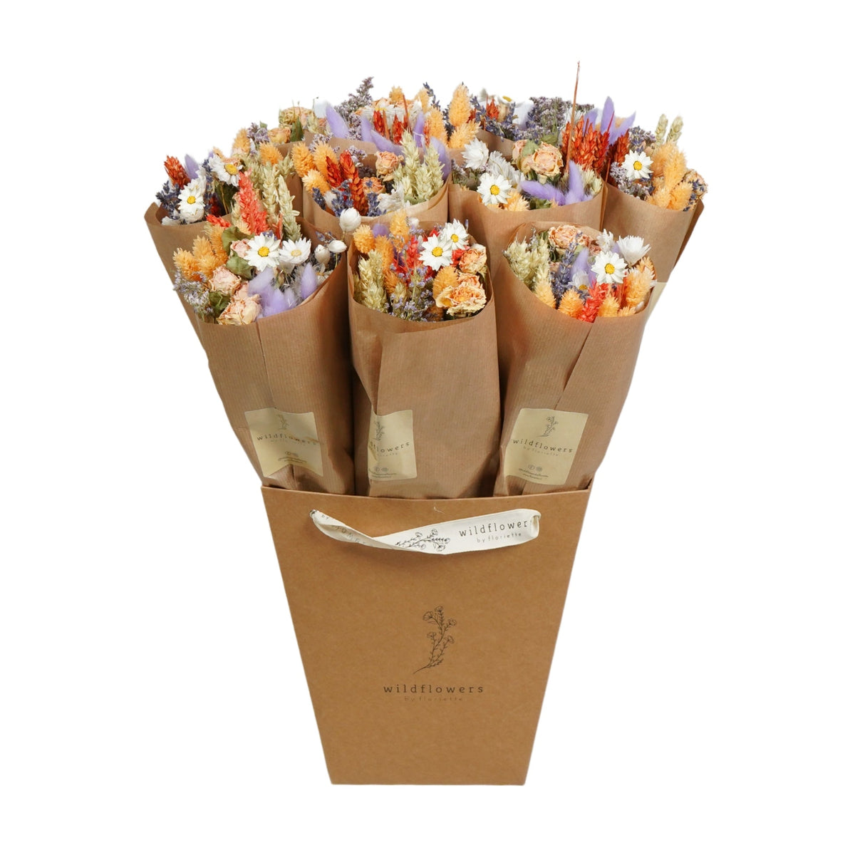 A box of Floriëtte bouquets in brown paper wrapping