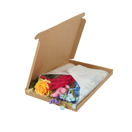 A box of Floriëtte bouquets in brown paper wrapping