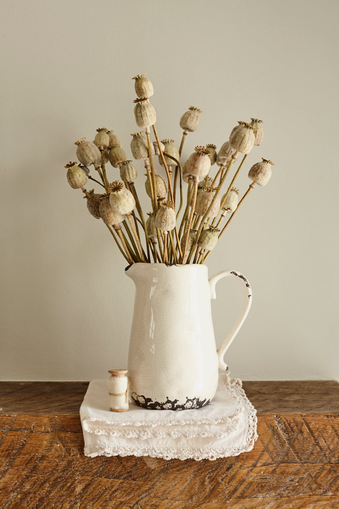 Multiple stems of dried Papaver heads placed in a rustic jug