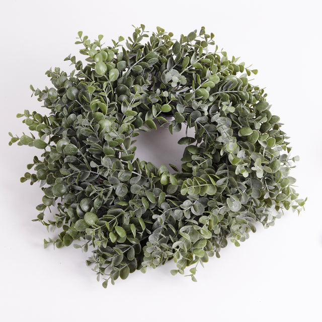 Wreath made with sprigs of artificial Eucalyptus Baby Blue.  Spiralled to give an attractive finish to the wreath