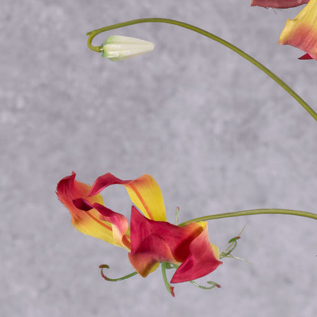 A close up of a faux gloriosa with pink-yellow flowers, and 1 bud