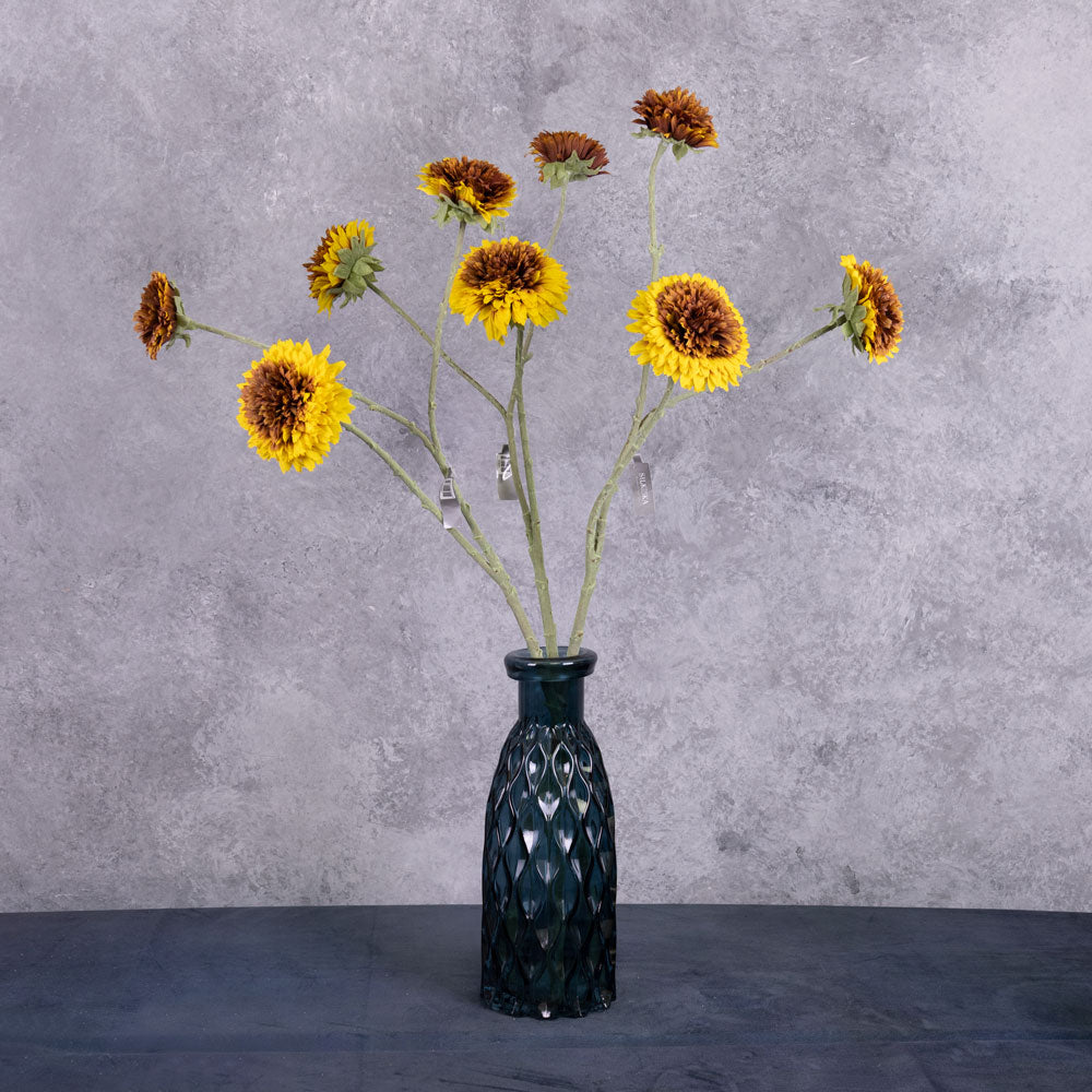 Three faux sunflower sprays, each with three separate flowers of different sizes